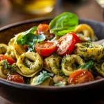 A photo showing a bowl of pesto tortellini salad with basil.