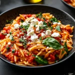 A photo showing a bowl of roasted red pepper orzo finished with a scattering of feta cheese