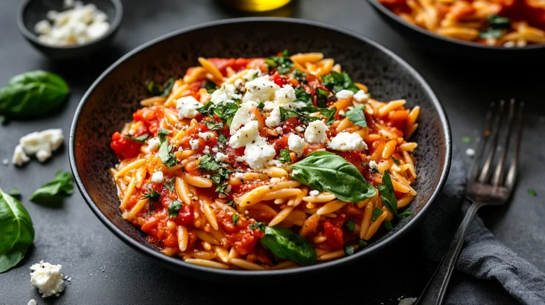A photo showing a bowl of roasted red pepper orzo finished with a scattering of feta cheese