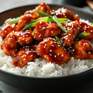 A photo showing a bowl of sticky gochujang chicken over a bed of rice.