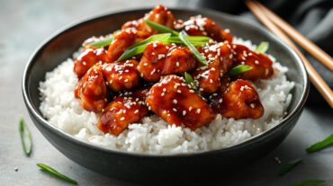 A photo showing a bowl of sticky gochujang chicken over a bed of rice.