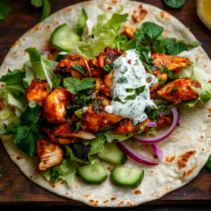 A photo showing tandoori chicken wraps with mint yogurt and cucumber.