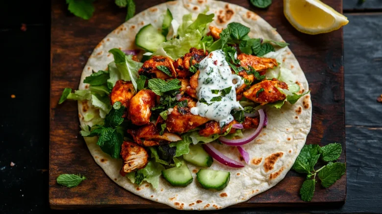 A photo showing tandoori chicken wraps with mint yogurt and cucumber.