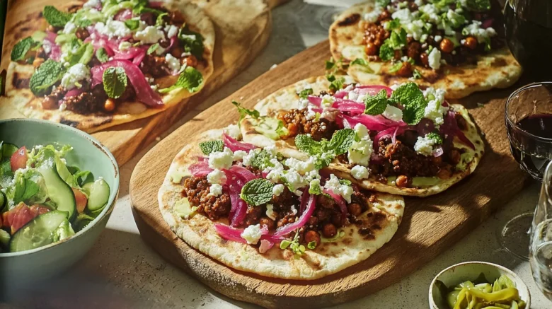 A photo showing lamb flatbreads on a chopping board that looks like they have just been dished up and ready to eat.