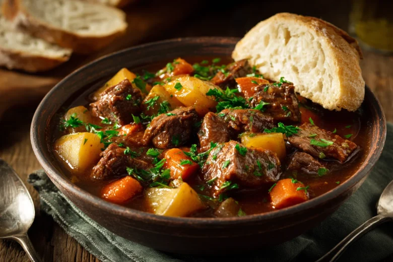 A bowl of beef stew with root vegetables with a piece of fresh crusty bread on the side.