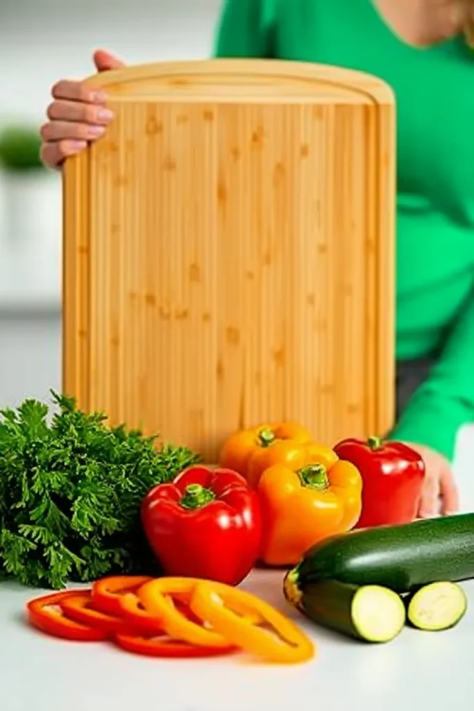 An image showing a bamboo chopping board with vegetables surrounding it.