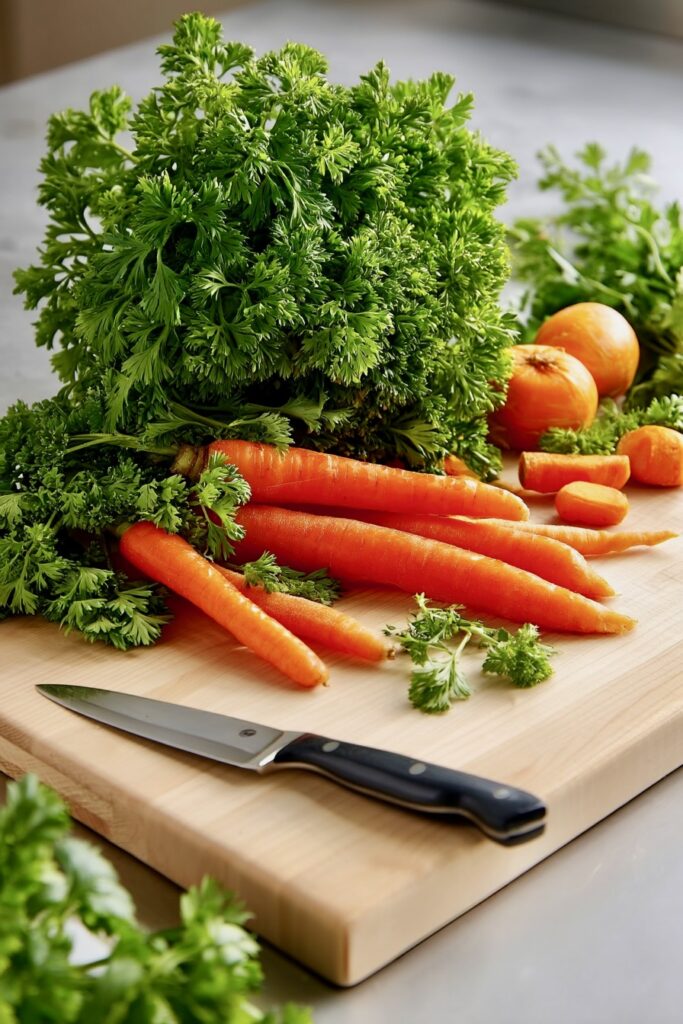 An image showing a John Boos cutting board with vegetables and a Chef's knife on top.