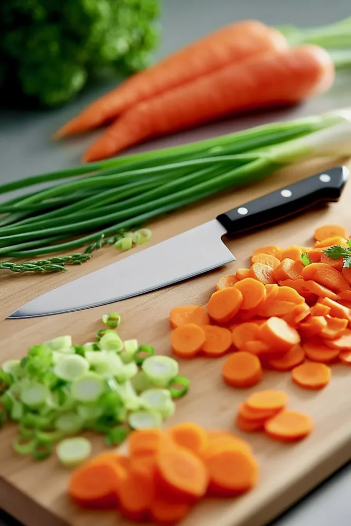 Image showing MAC Chef  knife on wooden chopping board surrounded by vegetables