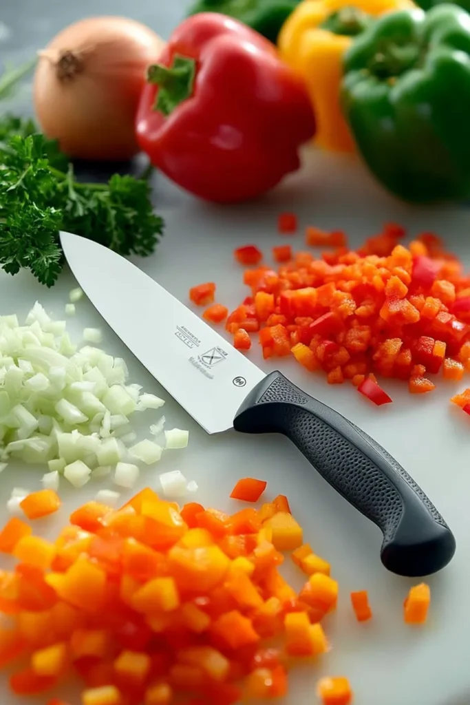 An image showing a Mercer Millennia 8-inch Chef's knife on a chopping board surrounded by cut vegetables