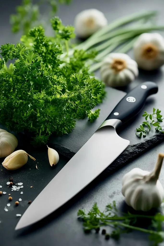 Robert Welch Professional 8-inch Chef’s Knife on black slate surrounded by garlic and parsley