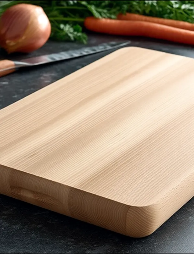 AN image showing a Beech wood chopping board on a kitchen counter surrounded by vegetables