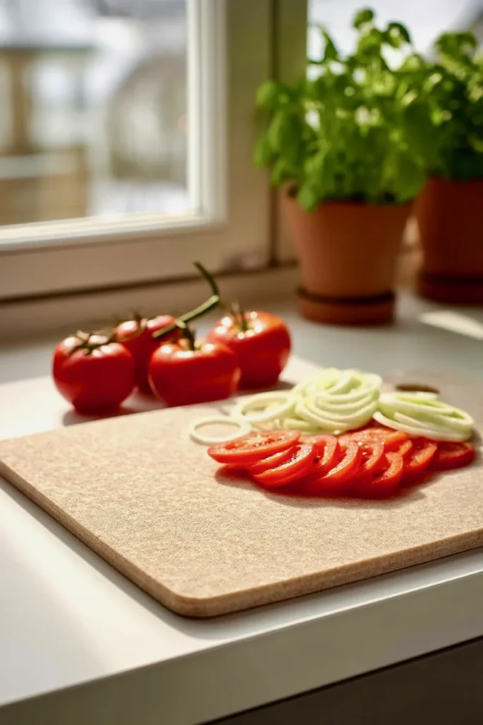 An image showing a cutting board on a kitchen top with sliced tomatoes and onions on top of it.