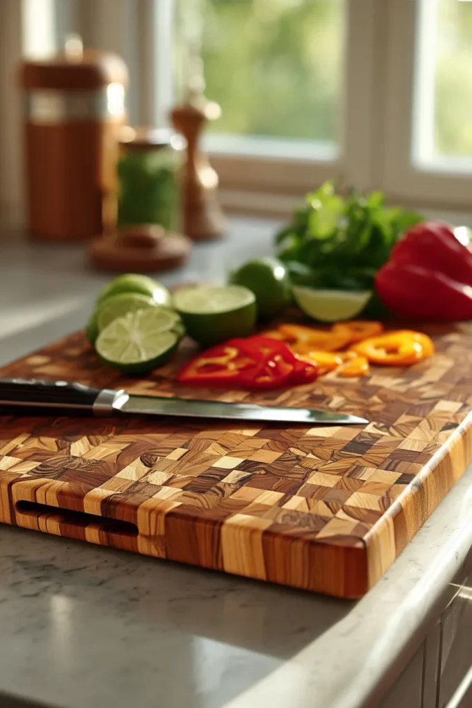 An image showing a teak chopping board on a kitchen counter top. On top of the board is a Chef's knife and some cut vegetables.