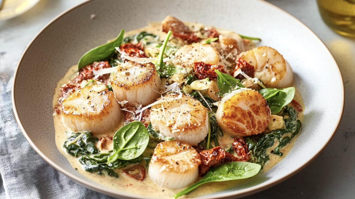 Pan‑seared scallops recipe in a silky sun‑dried tomato and spinach cream sauce, finished with Parmesan and Italian herbs.