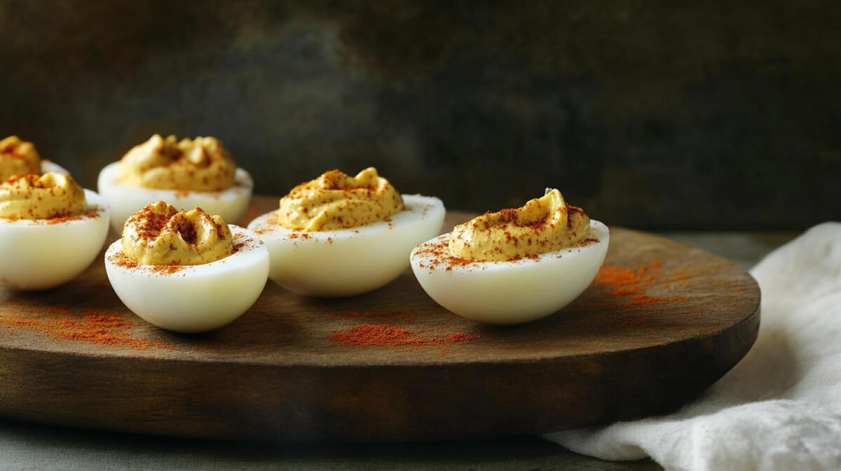 A photo of classic devilled eggs recipe shown on a wooden board.