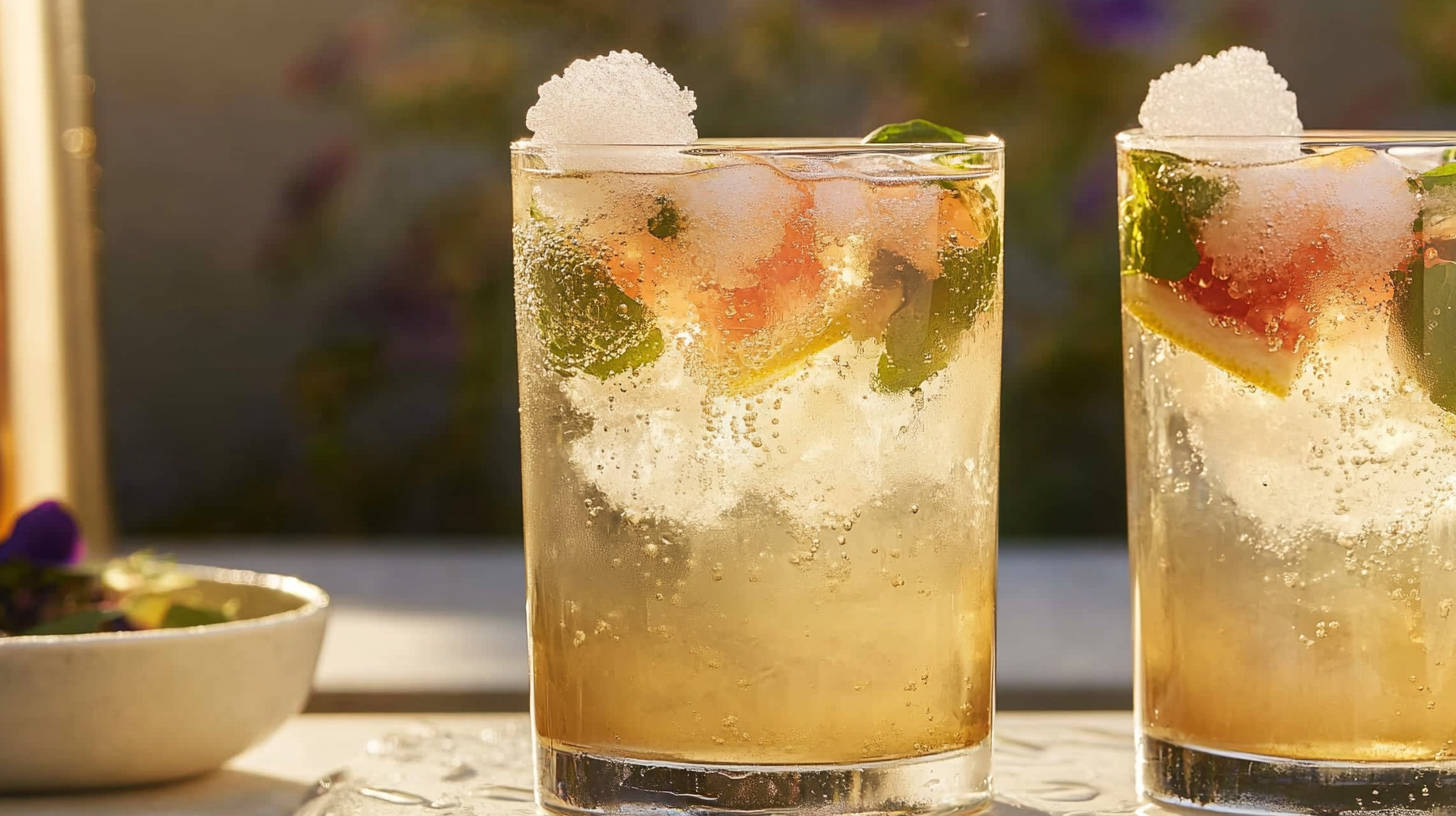 Two glasses of floral jasmine spritz bubbly cocktails blending jasmine tea, elderflower, grapefruit, and vodka, topped with prosecco and frozen edible flowers.