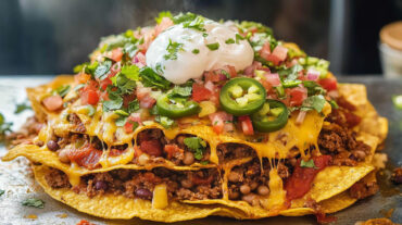 Beef nachos shown on a plate with crunchy chips layered with spiced beef, creamy beans, two cheeses, and fresh pico and jalapeño.