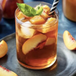 Photo of a peach iced tea recipe in a glass with a straw.