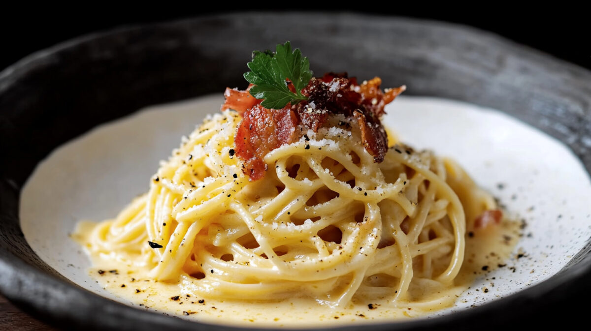 Spaghetti carbonara on a plate coated in a silky egg‑Parmesan sauce with crispy pancetta and a crack of black pepper