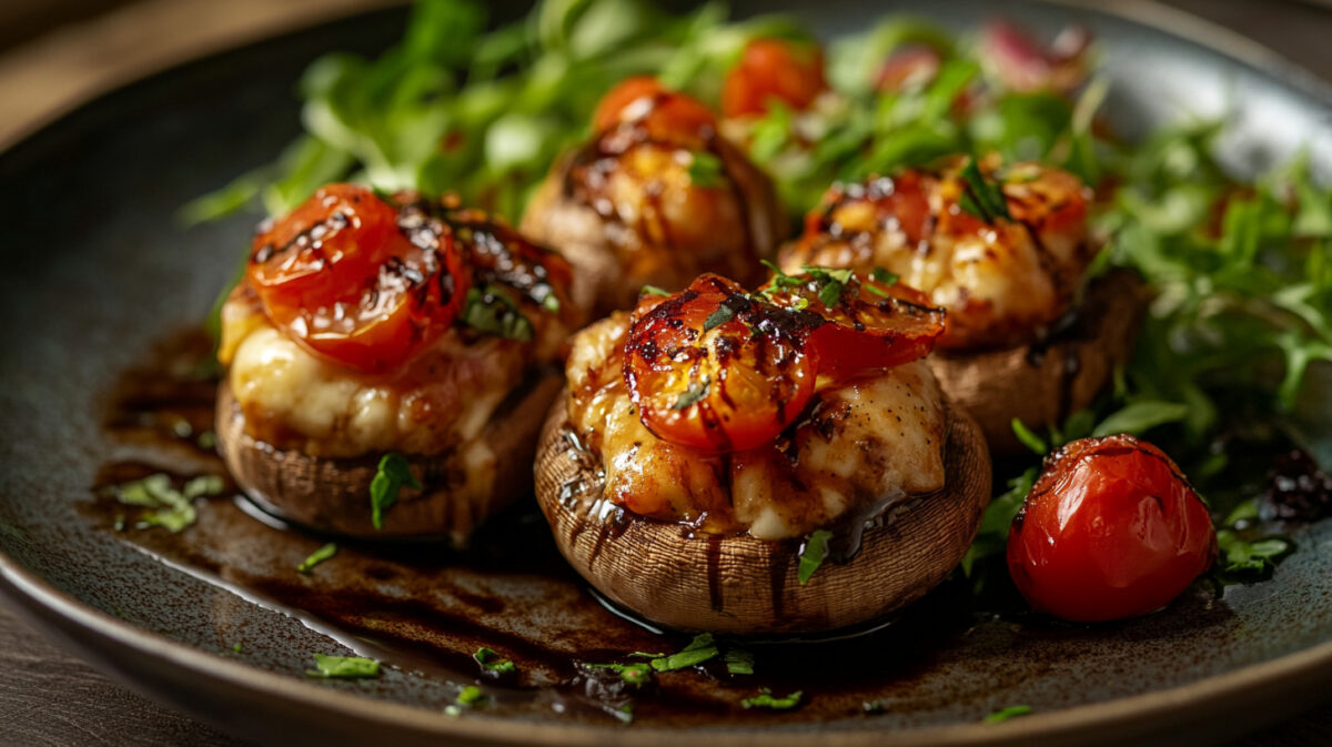 A plate of stuffed mushrooms. These portobello mushrooms are stuffed with cheese and have tomatoes on top with balsamic vingegar.