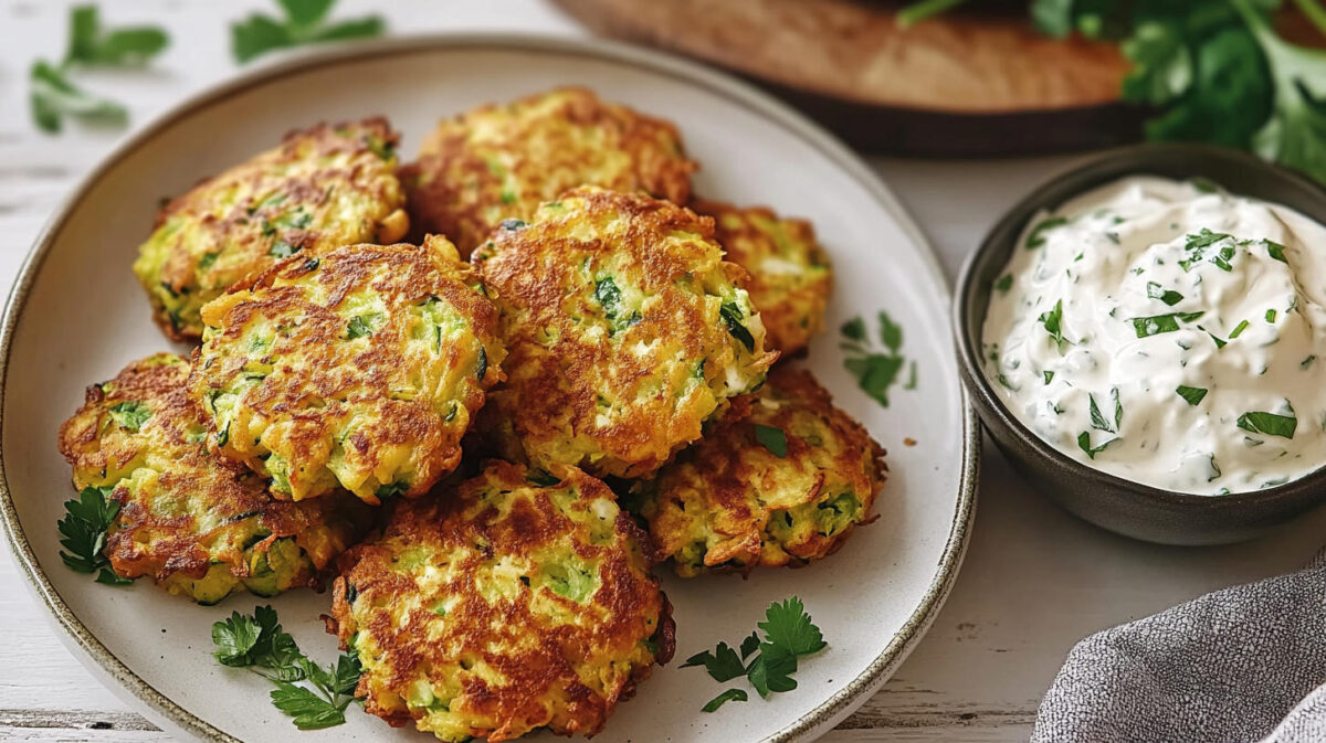 A photo of courgette fritters on a plate next to some Tzatziki