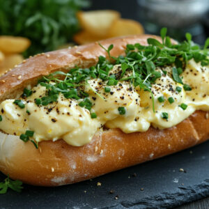 A photo of an egg may sandwich or roll topped with chives and cress.