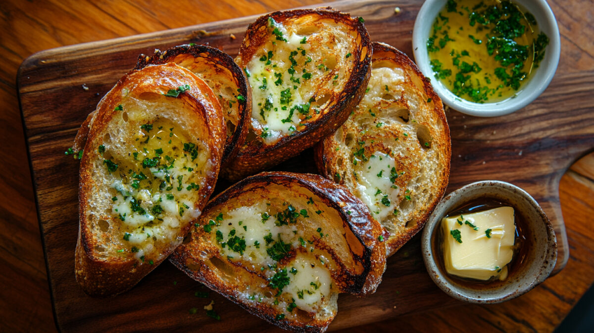 A photo of slices of homemade garlic bread on a chopping board
