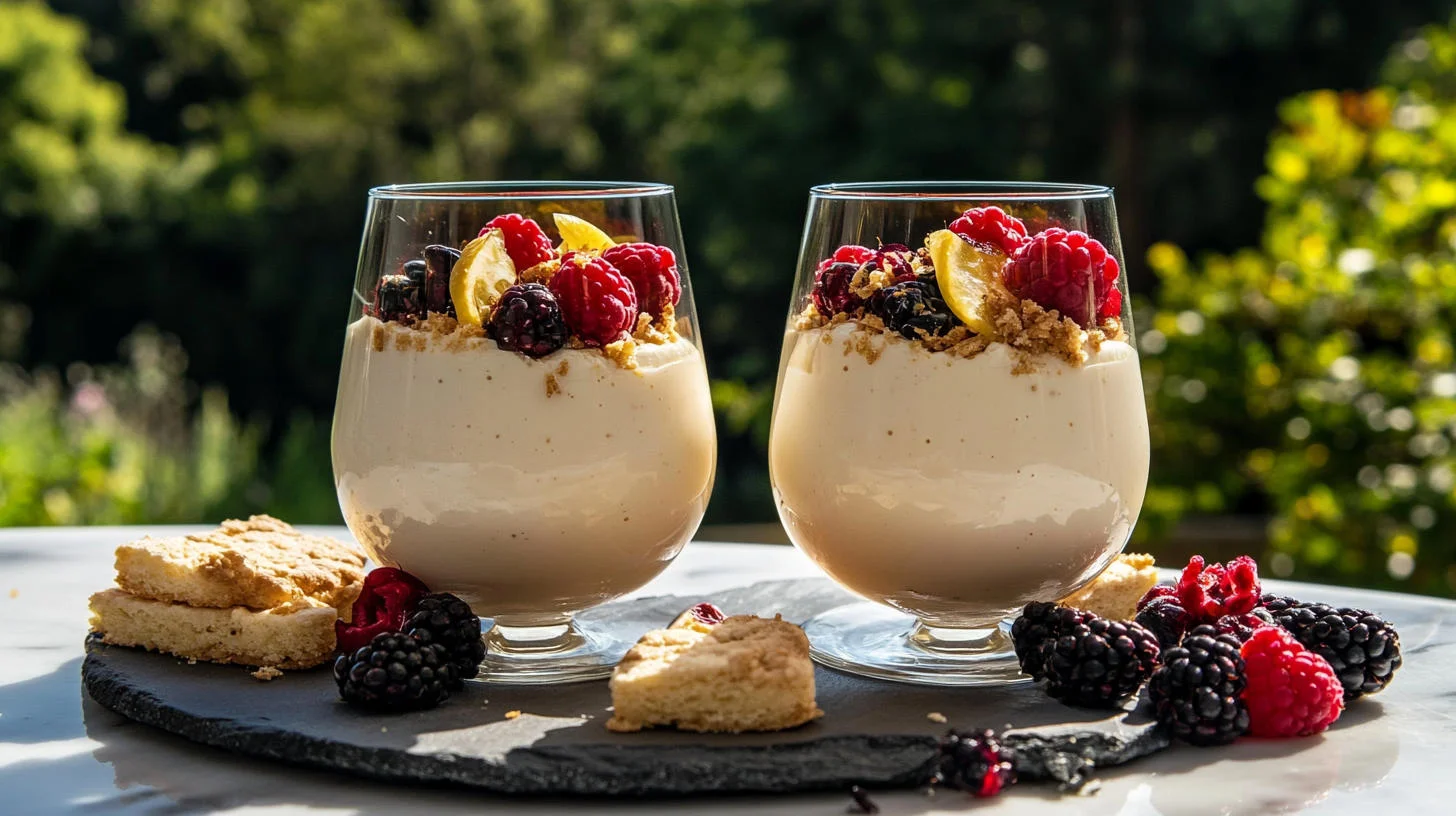 Photo of two lemon possets in a glass topped with summer berries