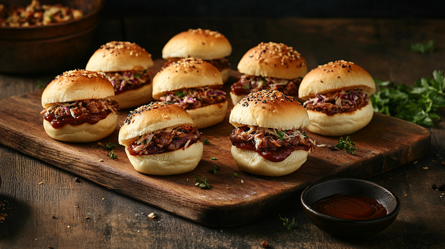 A photo showing a wooden board with BBQ pulled pork sliders resting on top with some BBQ alongside