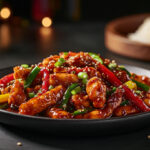 A photo of Szechuan Chicken with Peppers served on plate with rice in the background.