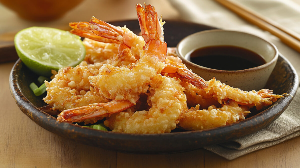 A photo showing tempura prawns on a plate with soy sauce and a wedge of lime.
