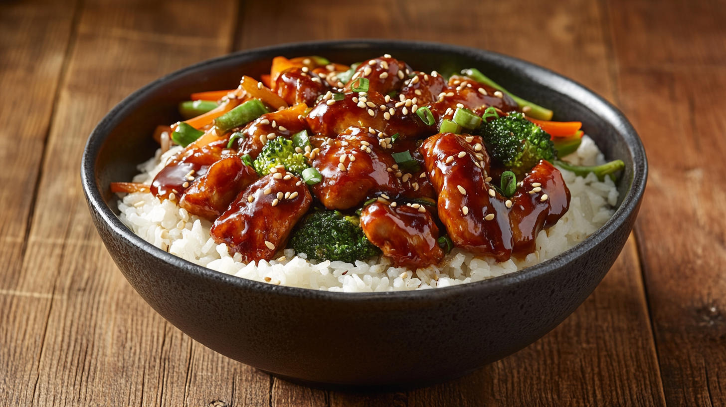 A photo showing a Teriyaki Chicken Rice Bowl on a rustic wooden table