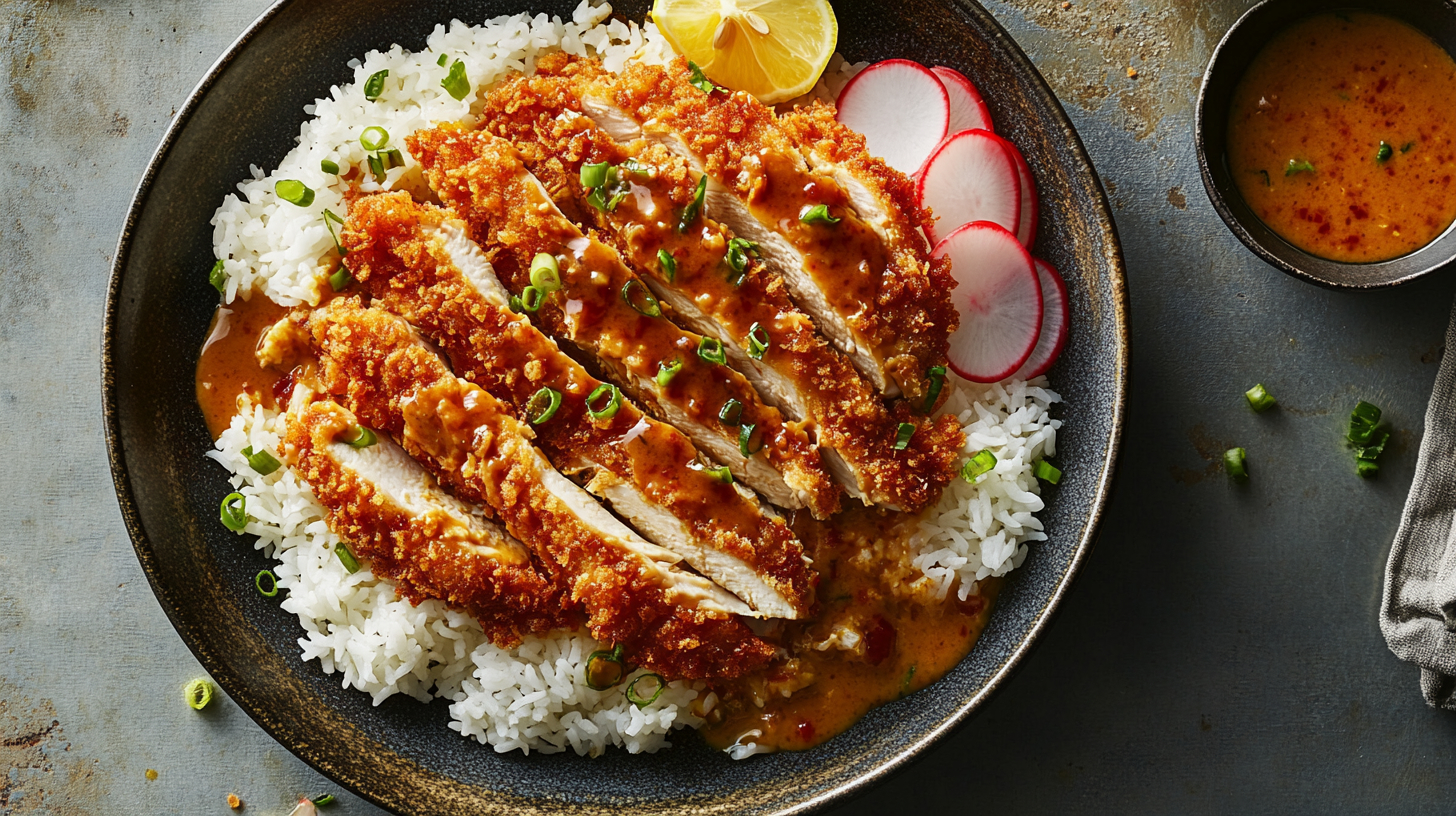 A photo of chicken katsu curry on a plate shown from the top down.
