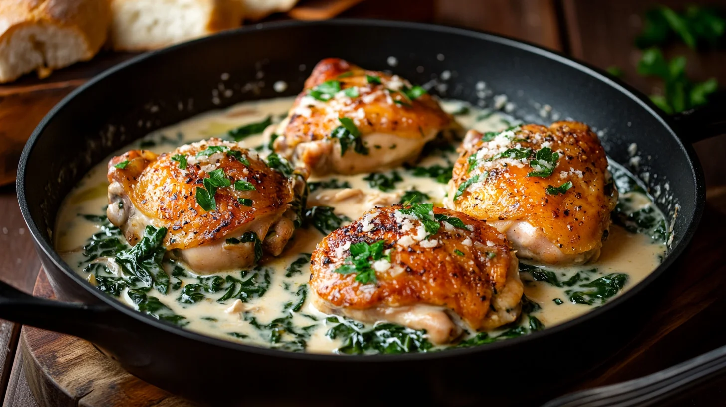 A photo showing a pan of creamy garlic chicken thighs with spinach.