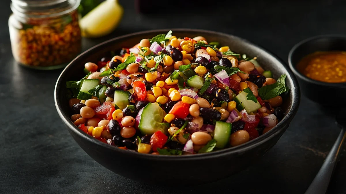 A photo showing a four bean salad with cucumber and sweetcorn