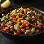 A photo showing a four bean salad with cucumber and sweetcorn