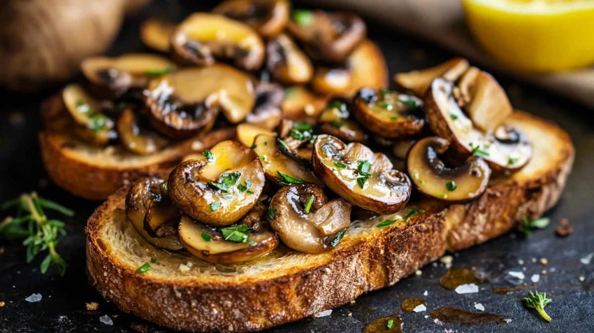 A photo showing sliced garlic button mushrooms on toast.