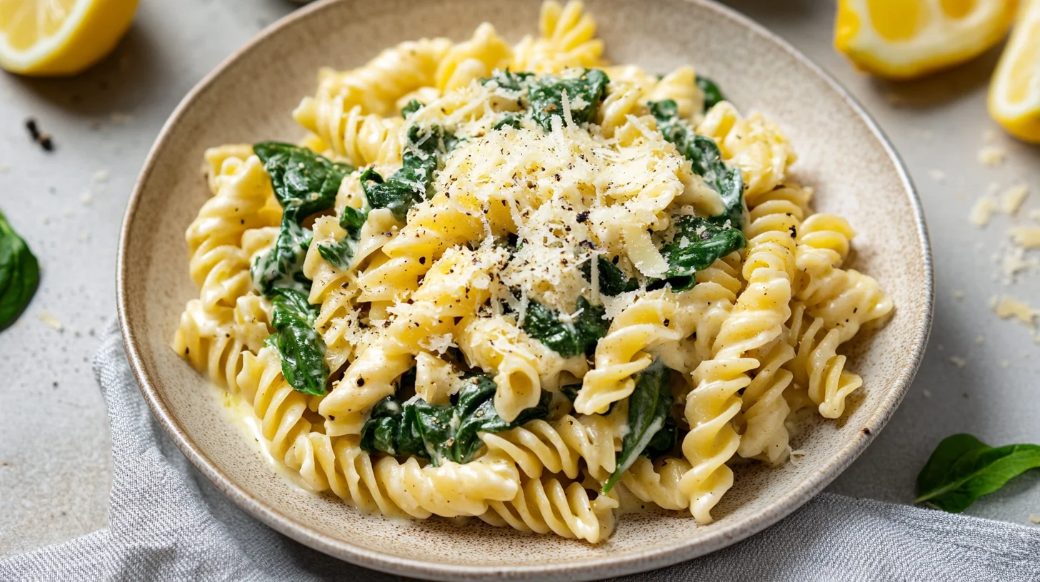 A photo showing a plate of lemon ricotta pasta with spinach and garlic.