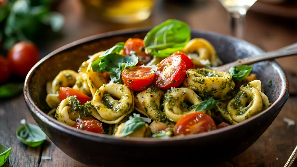 A photo showing a bowl of pesto tortellini salad with basil.