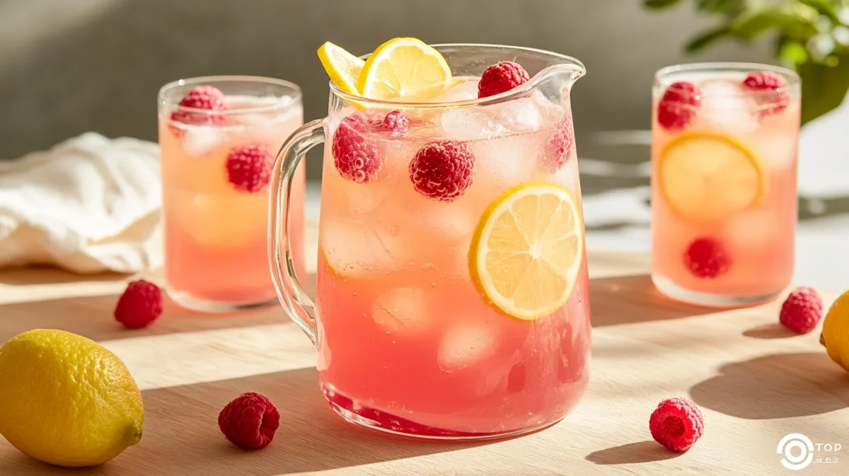 Photo showing a pitcher of raspberry lemonade and two full glasses next to it.