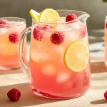 Photo showing a pitcher of raspberry lemonade and two full glasses next to it.