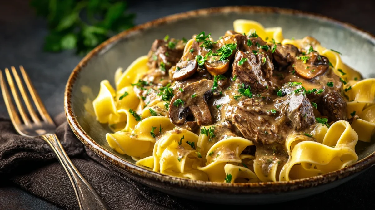 Beef and Mushroom Stroganoff with tagliatelle served on a plate with a fork to the side.