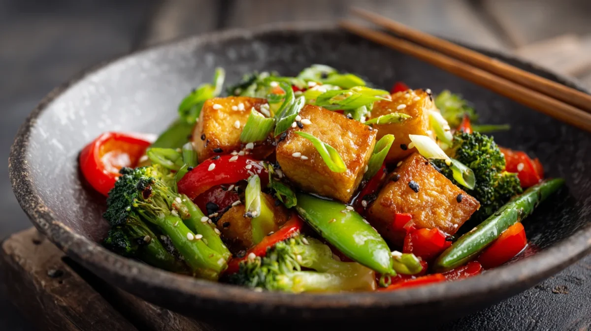 A photo showing a bowl of crispy tofu stir fry with a soy sauce glaze and chopsticks resting on the side of the bowl.