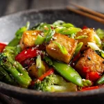 A photo showing a bowl of crispy tofu stir fry with a soy sauce glaze and chopsticks resting on the side of the bowl.