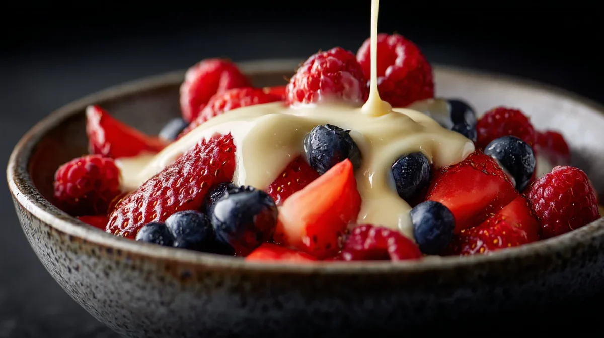 A photo showing a bowl of frozen fruit with a white chocolate sauce