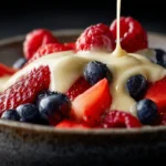 A photo showing a bowl of frozen fruit with a white chocolate sauce