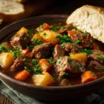 A bowl of beef stew with root vegetables with a piece of fresh crusty bread on the side.