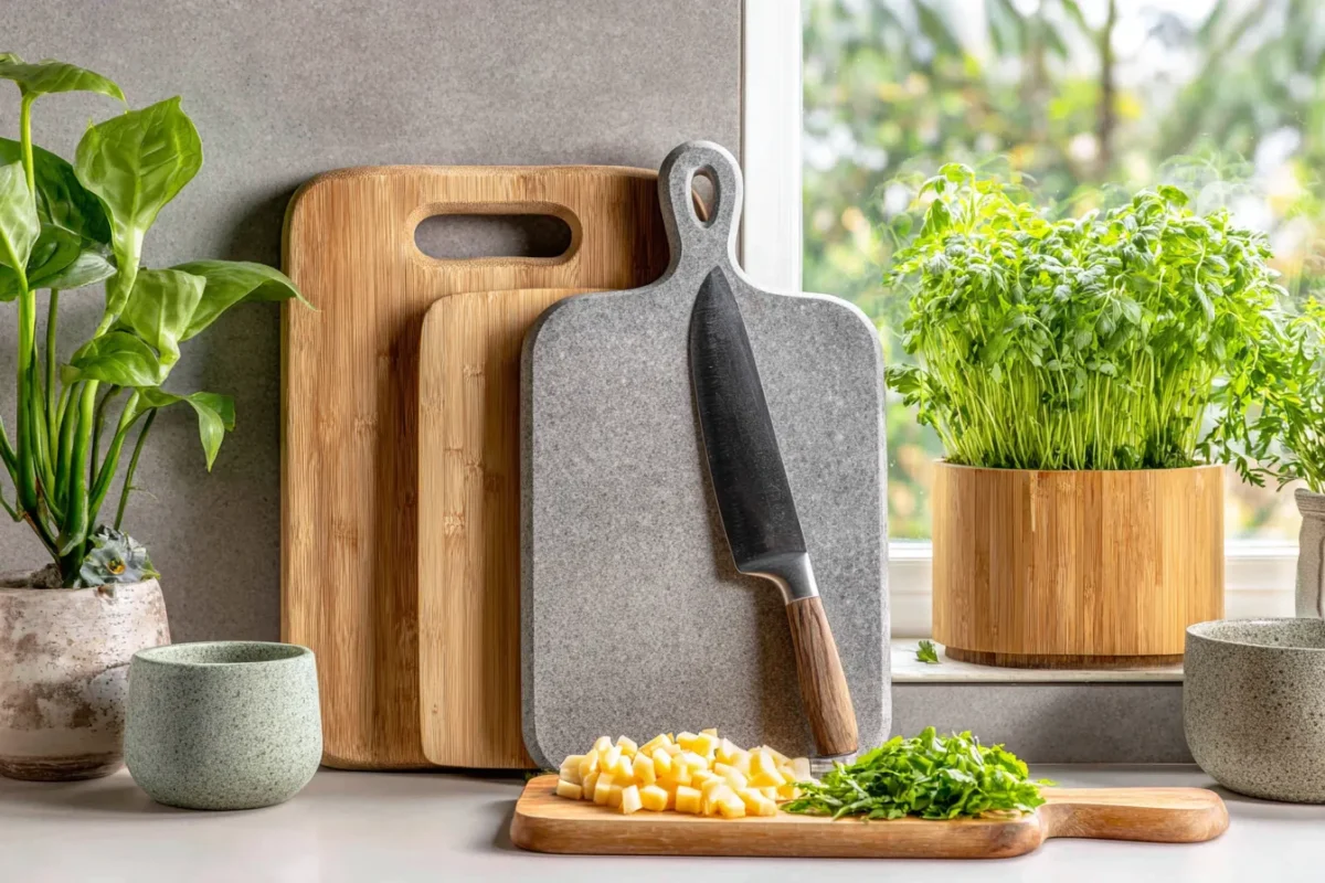 An image showing the best chopping boards stacked up against a kitchen counter top.