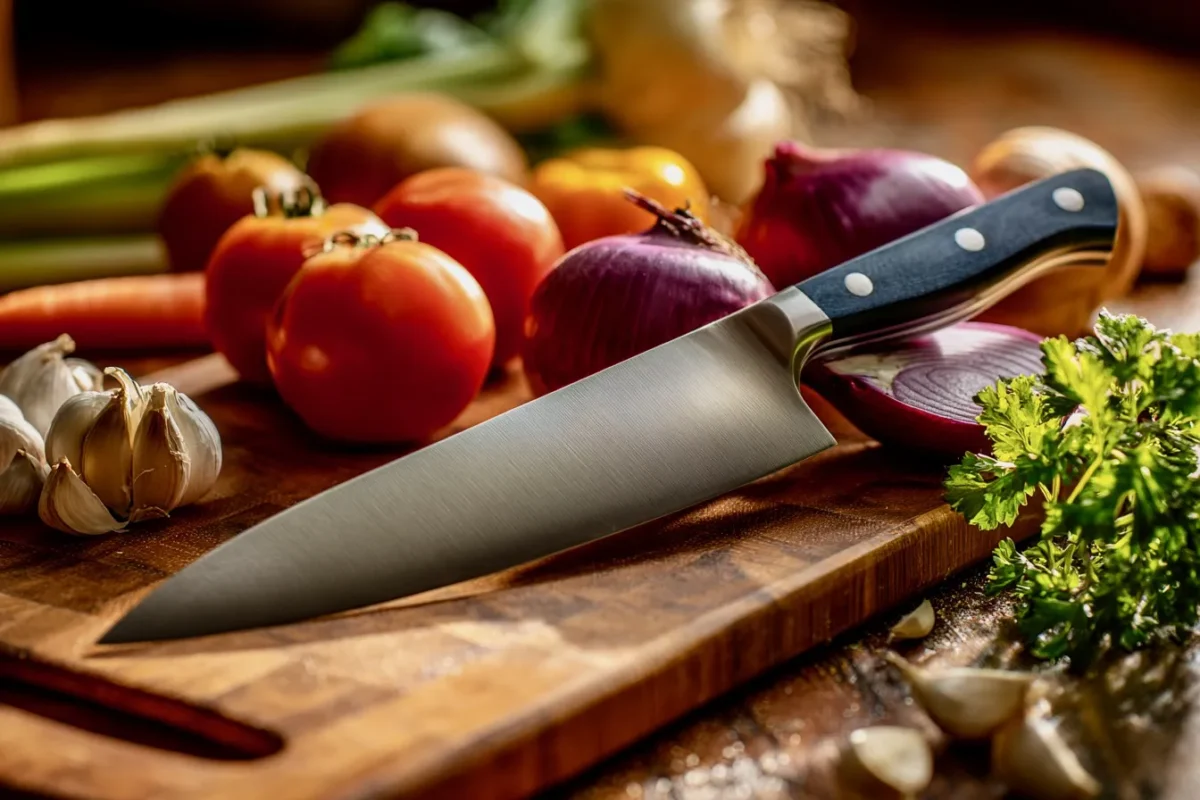 Image showing one of 5 best chef's knives on a chopping board surrounded by vegetables