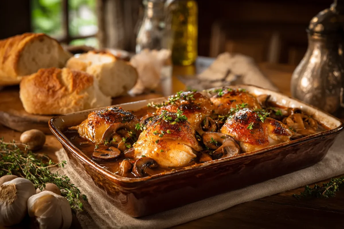 An image showing a Chicken Chasseur cooked in a casserole dish.